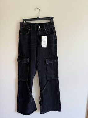 Zara Black Cargo Flare Wide-Leg Jeans with Straps